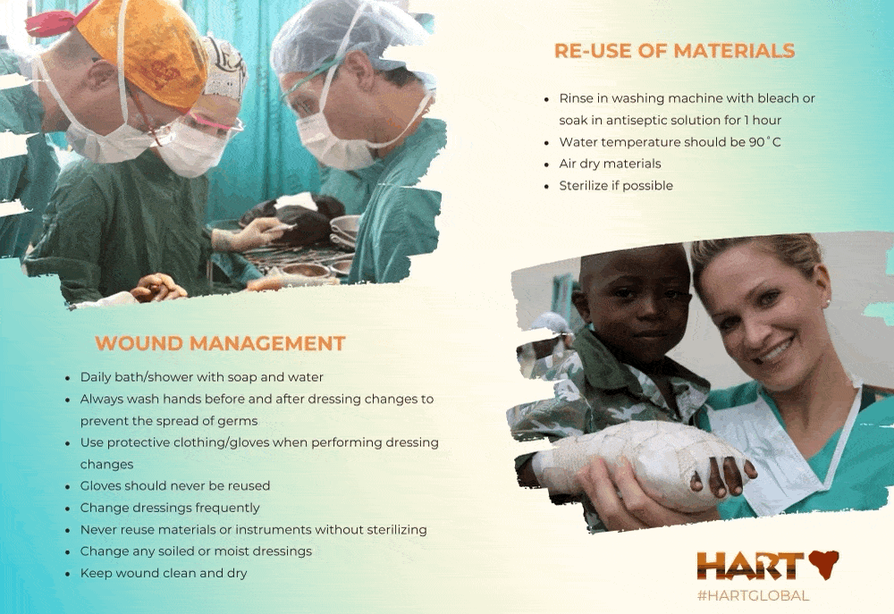 HART post-operative care instruction card covering wound management and re-use of materials