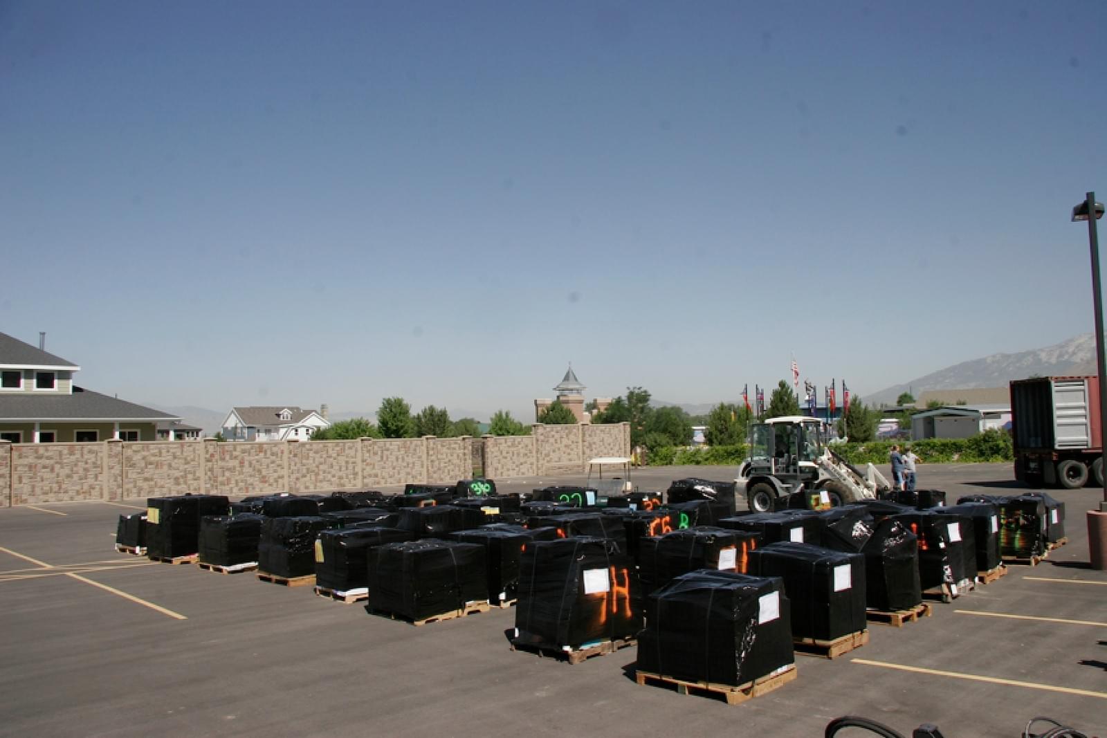 Pallets of donated medical supplies staged for shipment